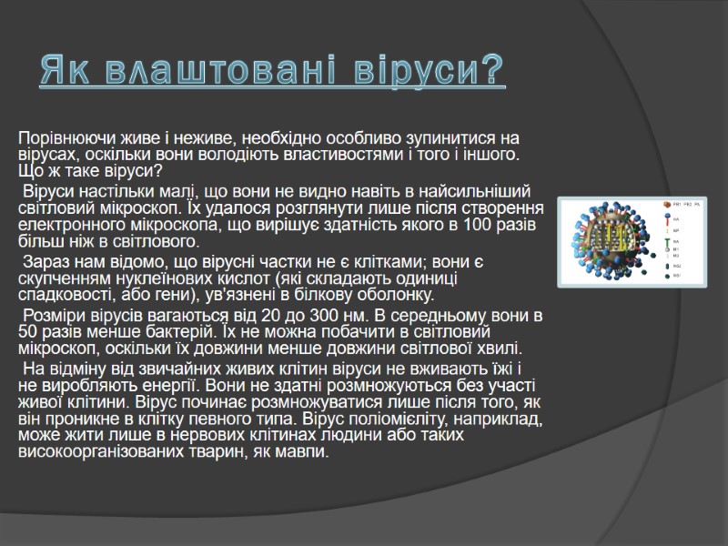 Як влаштовані віруси? Порівнюючи живе і неживе, необхідно особливо зупинитися на вірусах, оскільки вони